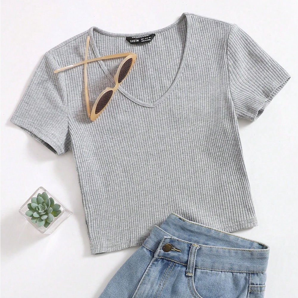 SHEIN Gray Ribbed Crop T-Shirt Short Sleeve